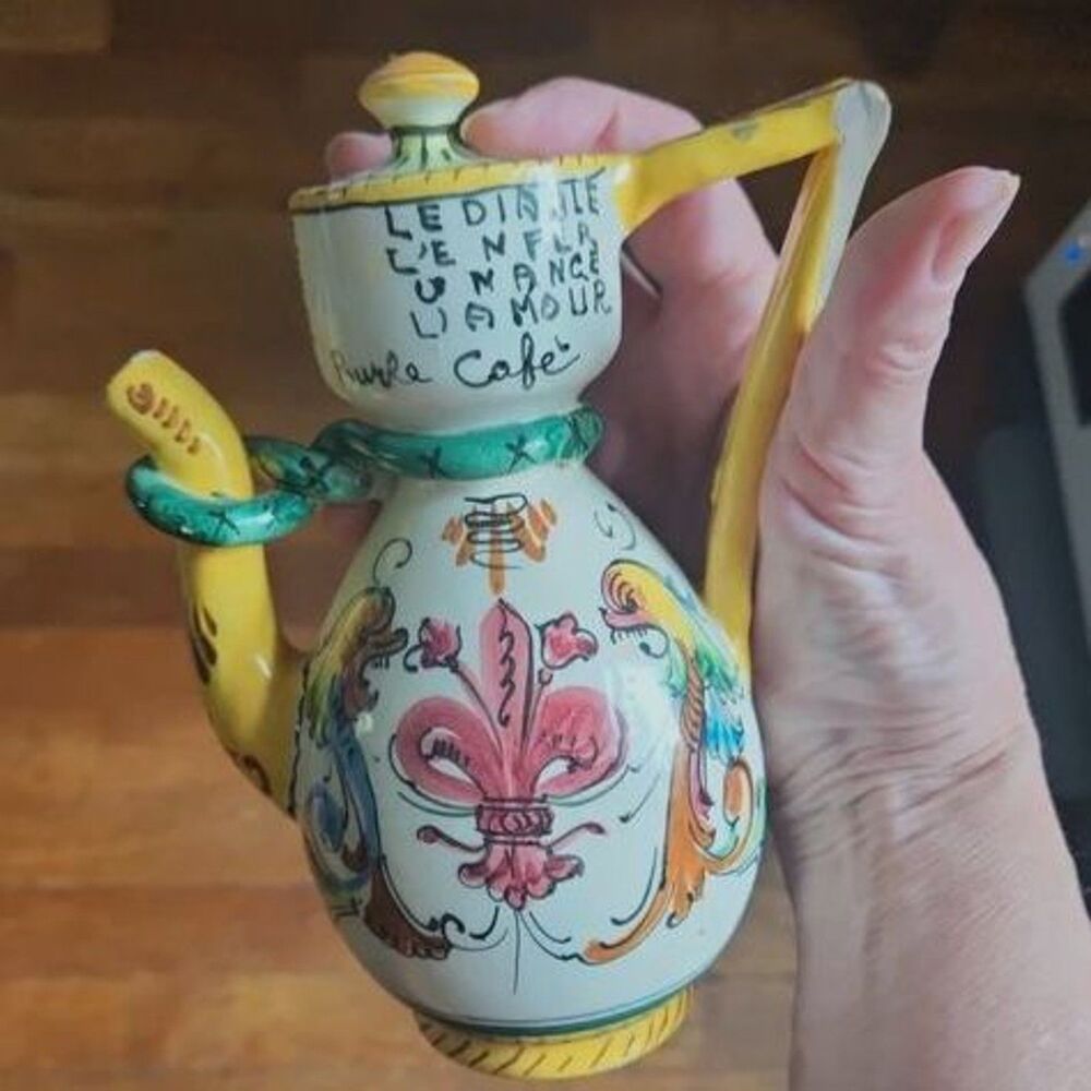 Antique Italian Pitcher Wine Coffee Pot, Faience, French 8"H, Raffaellesco